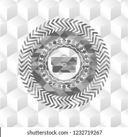briefcase icon inside retro style grey emblem with geometric cube white background
