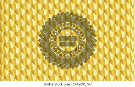 briefcase icon inside shiny golden emblem. Scales pattern. Vector Illustration. Detailed.