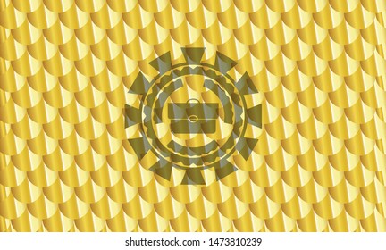 briefcase icon inside shiny golden emblem. Scales pattern. Vector Illustration. Detailed.