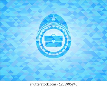 briefcase icon inside sky blue emblem with mosaic ecological style background