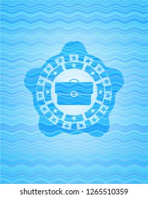 briefcase icon inside sky blue water wave style badge.