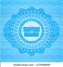 briefcase icon inside sky blue water badge background.