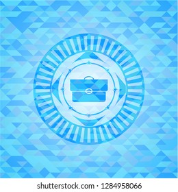 briefcase icon inside sky blue emblem. Mosaic background