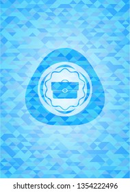 briefcase icon inside sky blue emblem with triangle mosaic background