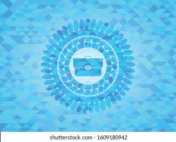 briefcase icon inside sky blue mosaic emblem