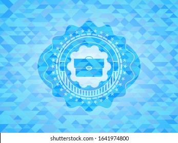 briefcase icon inside sky blue emblem with mosaic ecological style background