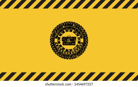 briefcase icon inside warning sign, black grunge emblem. Vector Illustration. Detailed.