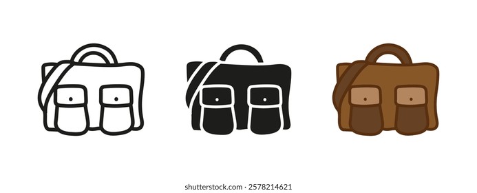 Briefcase icon. Leather bag with pockets vector illustration. Office suitcase symbol. Business portfolio sign. Professional job accessory pictogram. Handle baggage brown briefcase isolated concept.