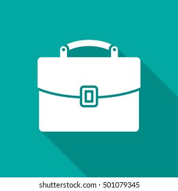 Briefcase icon with long shadow. Flat design style. Briefcase silhouette. Simple green icon. Modern flat icon in stylish colors. Web site page and mobile app design vector element.
