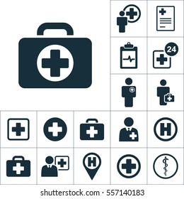 briefcase icon, medical signs set on white background