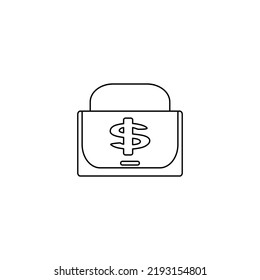 Esquema del icono de la maleta, símbolo del icono del equipaje, crecimiento del negocio de la factura del dólar, bolsa de dinero, vector de ilustración