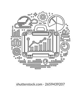 A Briefcase Icon with Pie Chart Vector Black and White