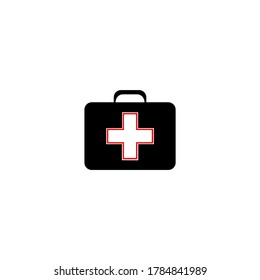 Briefcase icon with a red cross for medicine, help and health. Bag sign. Baggage symbol. Black and white vector graphics.