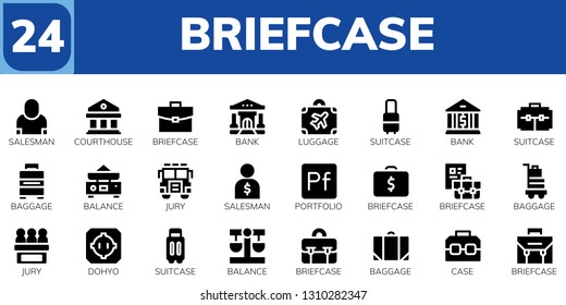 briefcase icon set. 24 filled briefcase icons.  Collection Of - Salesman, Courthouse, Briefcase, Bank, Luggage, Suitcase, Baggage, Balance, Jury, Portfolio, Dohyo, Case
