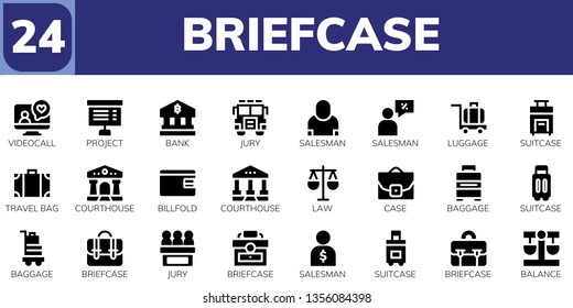 briefcase icon set. 24 filled briefcase icons.  Collection Of - Videocall, Project, Bank, Jury, Salesman, Luggage, Suitcase, Travel bag, Courthouse, Billfold, Law, Case, Baggage