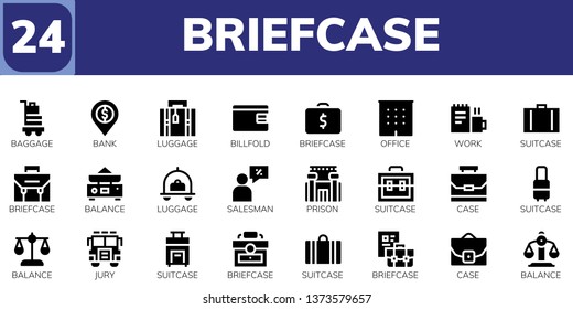 briefcase icon set. 24 filled briefcase icons.  Simple modern icons about  - Baggage, Bank, Luggage, Billfold, Briefcase, Office, Work, Suitcase, Balance, Salesman, Prison, Case