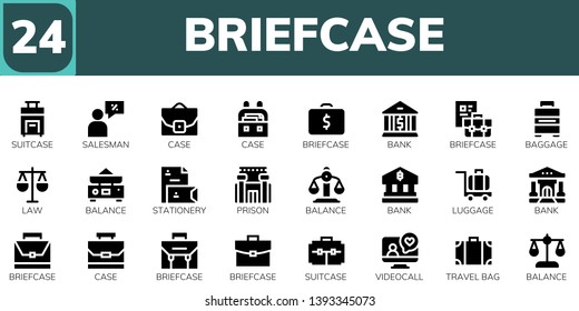 briefcase icon set. 24 filled briefcase icons.  Simple modern icons about  - Suitcase, Salesman, Case, Briefcase, Bank, Baggage, Law, Balance, Stationery, Prison, Luggage, Videocall