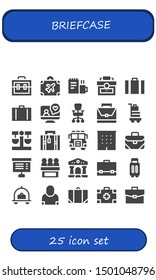 briefcase icon set. 25 filled briefcase icons.  Collection Of - Suitcase, Luggage, Work, Briefcase, Videocall, Office chair, Baggage, Balance, Jury, Office, Project, Courthouse