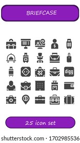 briefcase icon set. 25 filled briefcase icons. Included Briefcase, Project, Videocall, Salesman, Suitcase, Luggage, Office chair, Dohyo, Digg, Case, Office, Billfold, Medical kit icons