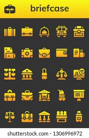 briefcase icon set. 26 filled briefcase icons.  Collection Of - Suitcase, Briefcase, Luggage, Jury, Stationery, Medical kit, Case, Billfold, Work, Balance, Courthouse, Videocall