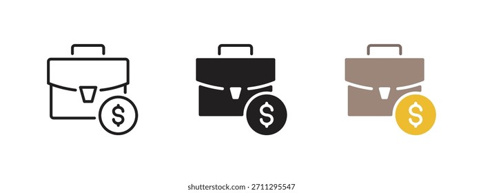 Aktenkoffer-Symbolsatz. Tasche, Gehäusesymbol. Dollarzeichen. Finanzen, Geld, Geschäft, Währungskonzept. Schwarz, braun, gelb. Bearbeitbarer Strich. Vektorgrafik. Einzeln auf weißem Hintergrund.