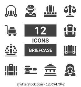briefcase icon set. Collection of 12 filled briefcase icons included Reception, Bank, Law, Briefcase, Justice, Salesman, Luggage