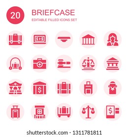 briefcase icon set. Collection of 20 filled briefcase icons included Briefcase, Bank, Balance, Reception, Luggage, Law, Justice, Judge, Prison, Credit