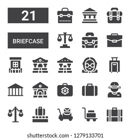briefcase icon set. Collection of 21 filled briefcase icons included Briefcase, Luggage, Balance, Salesman, Bank, Judge, Prison, Portfolio, Law