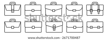 Briefcase icon set vector. Office bag icons. Office room sign. Bag for businessman, corporate, work, job, meeting, presentation, interview, conference, assembly, agreement and discussion symbol.