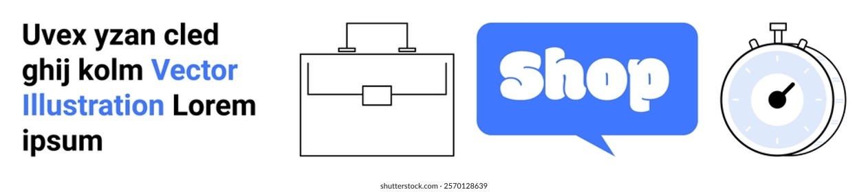 Briefcase icon, speech bubble with the word Shop, and a timer. Ideal for online shopping, business efficiency, e-commerce, retail promotions, and sales. Banner for landing page