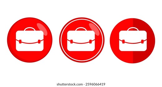 Briefcase icons, red, white symbol, business. Simple, circular, minimalist design, drop shadow.  Minimalist and clean for business, finance, work-related projects, websites, apps, and presentations