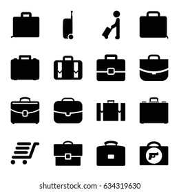 Briefcase icons set. set of 16 briefcase filled icons such as man with luggage, briefcase with weapon, case, luggage cart, luggage