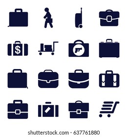 Briefcase icons set. set of 16 briefcase filled icons such as luggage, briefcase with weapon, money case, case, luggage cart, man with case