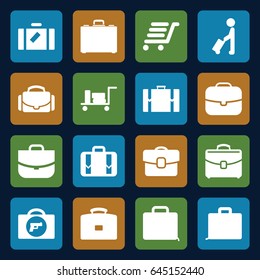 Briefcase icons set. set of 16 briefcase filled icons such as man with luggage, luggage, briefcase with weapon, case, luggage cart, camera case