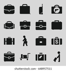 Briefcase icons set. set of 16 briefcase filled icons such as man with luggage, luggage, briefcase with weapon, money case, case