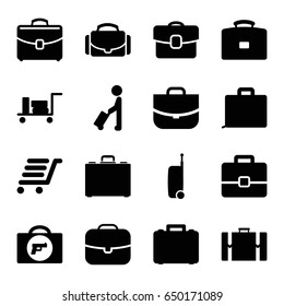 Briefcase icons set. set of 16 briefcase filled icons such as man with luggage, luggage, briefcase with weapon, case, luggage cart, camera case