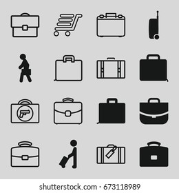Briefcase icons set. set of 16 briefcase filled and outline icons such as man with luggage, case, man with case, suitcase, luggage, briefcase with weapon