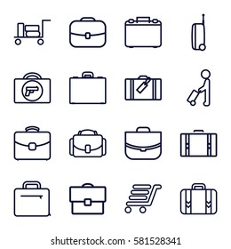 briefcase icons set. Set of 16 briefcase outline icons such as man with luggage, luggage, briefcase with weapon, case, luggage cart, camera case
