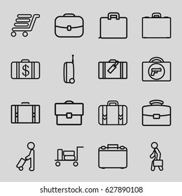 Briefcase icons set. set of 16 briefcase outline icons such as man with luggage, luggage, briefcase with weapon, Money case, luggage cart, case, man with case