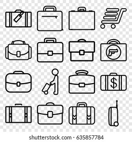 Briefcase icons set. set of 16 briefcase outline icons such as man with luggage, luggage, briefcase with weapon, money case, luggage cart, case, camera case