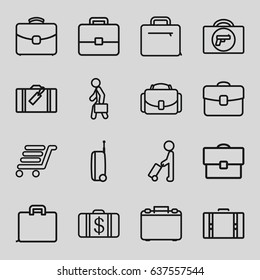 Briefcase icons set. set of 16 briefcase outline icons such as man with luggage, luggage, briefcase with weapon, money case, luggage cart, case