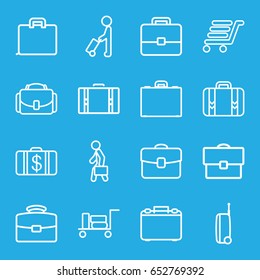 Briefcase icons set. set of 16 briefcase outline icons such as man with luggage, luggage, money case, luggage cart, case