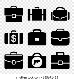 Briefcase icons set. set of 9 briefcase filled icons such as briefcase with weapon, money case, case, camera case