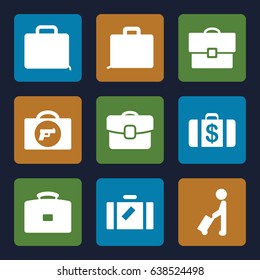 Briefcase icons set. set of 9 briefcase filled icons such as man with luggage, luggage, briefcase with weapon, money case