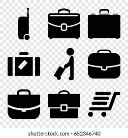 Briefcase icons set. set of 9 briefcase filled icons such as man with luggage, luggage, case, luggage cart