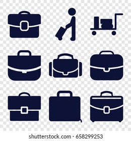 Briefcase icons set. set of 9 briefcase filled icons such as man with luggage, luggage, case