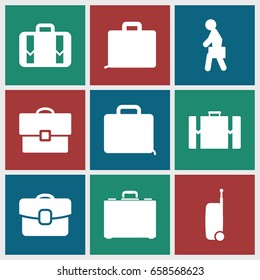 Briefcase icons set. set of 9 briefcase filled icons such as luggage, case, man with case