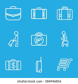 briefcase icons set. Set of 9 briefcase outline icons such as man with luggage, briefcase with weapon, Money case, case, luggage cart, luggage, man with case