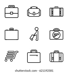Briefcase icons set. set of 9 briefcase outline icons such as man with luggage, briefcase with weapon, luggage cart, luggage, case, camera case