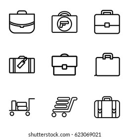 Briefcase icons set. set of 9 briefcase outline icons such as luggage, briefcase with weapon, case